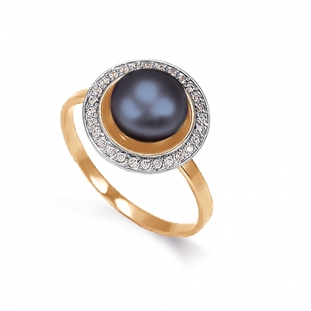 Золотое кольцо с черным жемчугом и фианитами