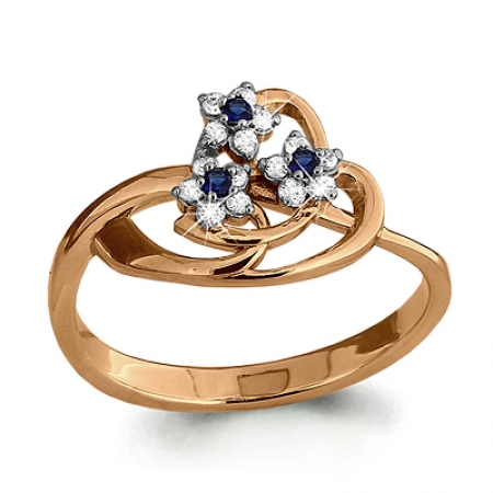 Ювелирная компания «ТИТУЛ» Золотое кольцо Цветочки с сапфиром, бриллиантом