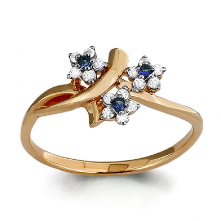 Ювелирная компания «ТИТУЛ» Золотое кольцо Цветочки с сапфиром, бриллиантом