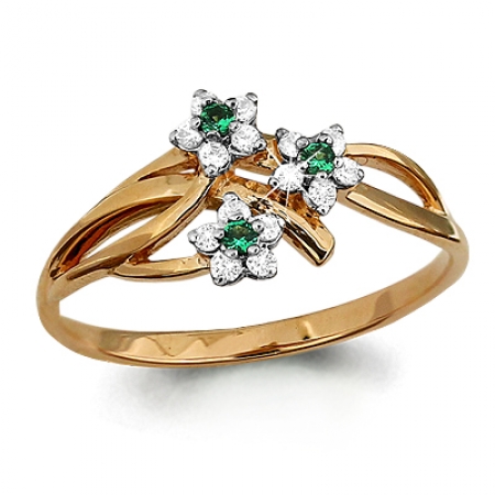 Ювелирная компания «ТИТУЛ» Золотое кольцо Цветочки с изумрудом, бриллиантом