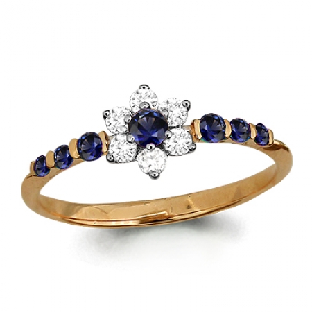 Ювелирная компания «ТИТУЛ» Золотое кольцо в виде цветка с сапфиром, бриллиантом