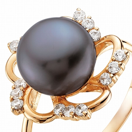 Т108013559 золотое кольцо с черным жемчугом и фианитами