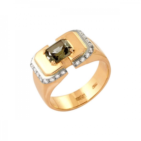 Кольцо-печатка из золота с бриллиантами и раухтопазом