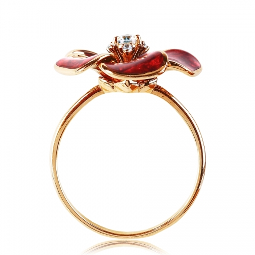 Золотое кольцо Цветок с эмалью, фианитами