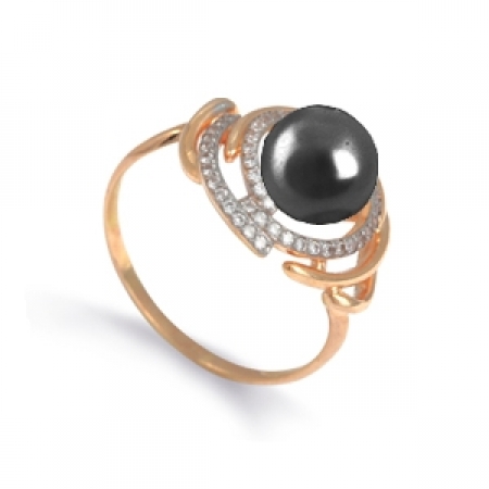 Т148011877 золотое кольцо с черным жемчугом и фианитами