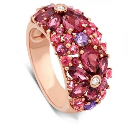 Кольцо из красного золота с бриллиантами и полудрагоценными камнями