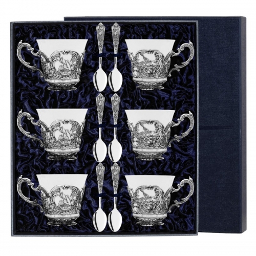 Фабрика серебра Аргента Серебряный чайный набор на 6 персон "Королевская охота"