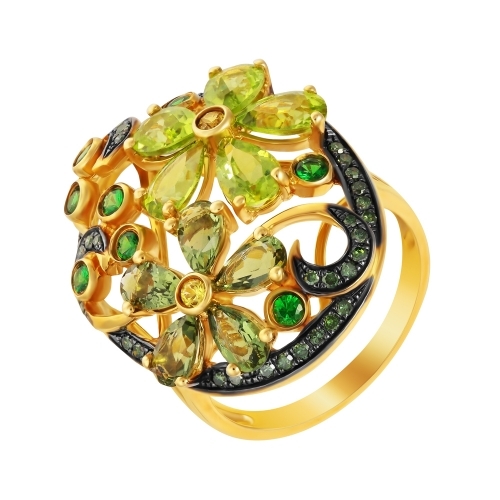 Кольцо из желтого золота с цветными камнями и сапфиром