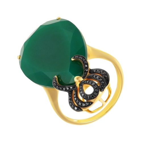 Кольцо из желтого золота с зеленым агатом и черным бриллиантом