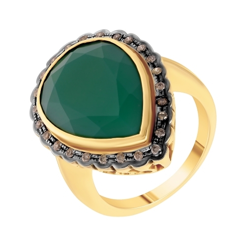 Кольцо из желтого золота с зеленым агатом и бриллиантом