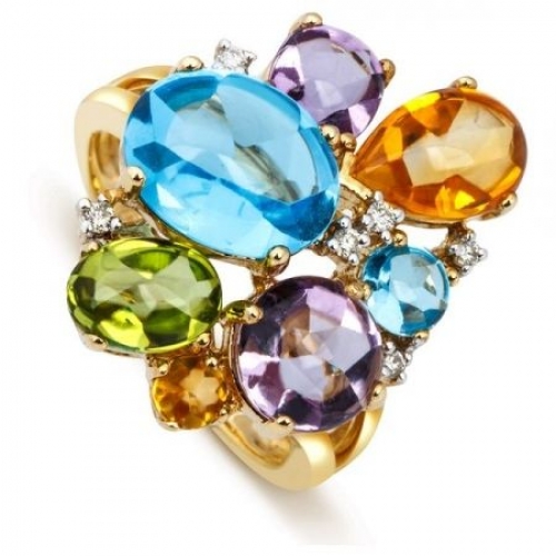 Кольцо из желтого золота с бриллиантами и полудрагоценными камнями