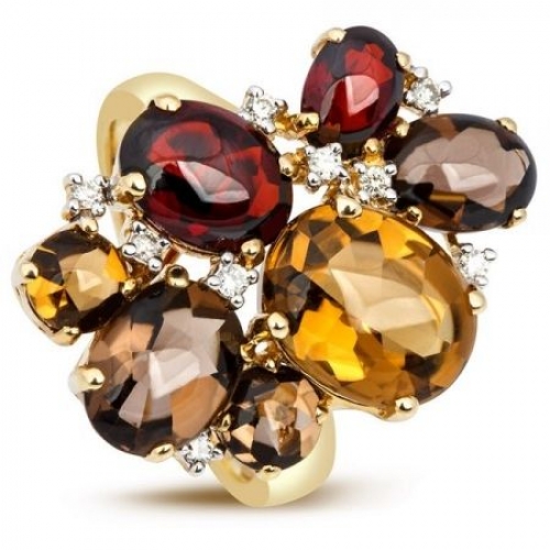Кольцо с бриллиантами и полудрагоценными камнями из желтого золота