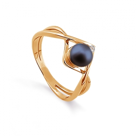 Т148011789 золотое кольцо с черным жемчугом и фианитами