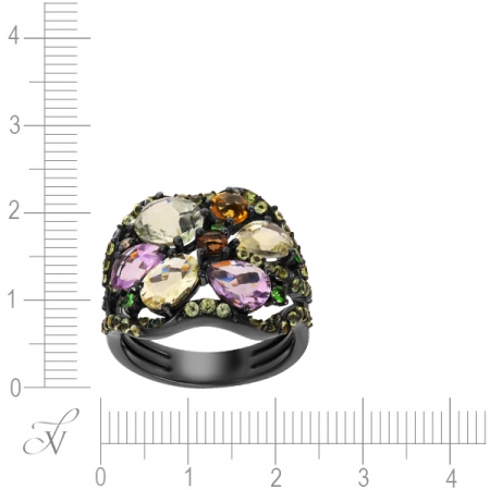 Кольцо из черного золота 585 пробы с цветными полудрагоценными камнями и бриллиантом
