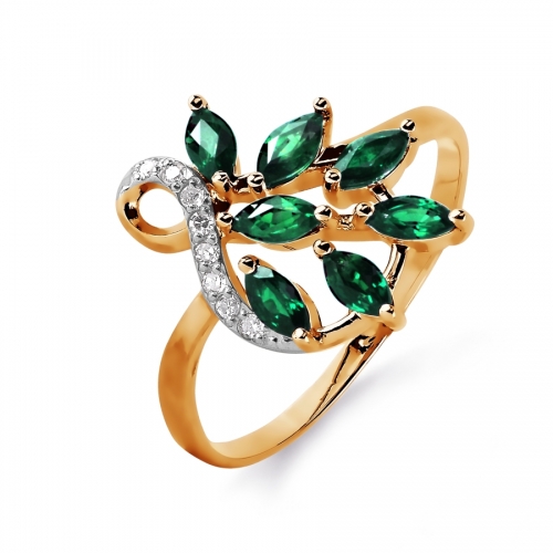 Золотое кольцо Листья с изумрудом, бриллиантами