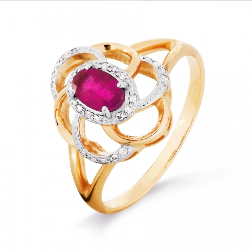 Золотое кольцо Цветок с рубином, бриллиантами