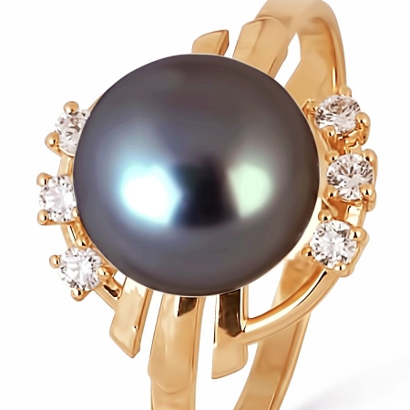 Т108013543 золотое кольцо с черным жемчугом и фианитами