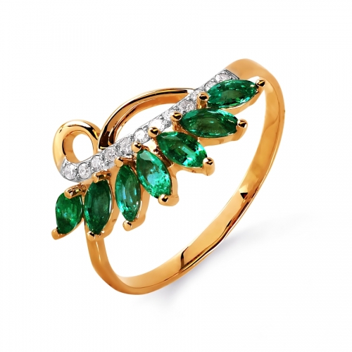 Ювелирный завод Топаз Золотое кольцо Листья с изумрудом, бриллиантами