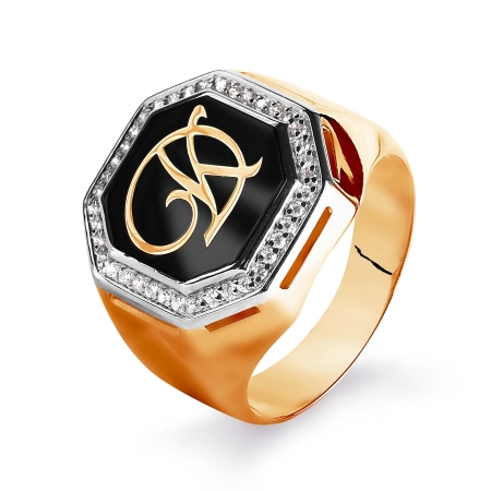 Т182044050 мужское золотое кольцо с эмалью и фианитами