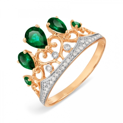 Ювелирный завод Топаз Золотое кольцо Корона с изумрудом, бриллиантами
