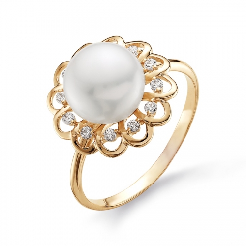 Золотое кольцо с белым жемчугом и фианитами