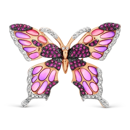Золотая брошка Бабочка с эмалью, рубином и бриллиантом