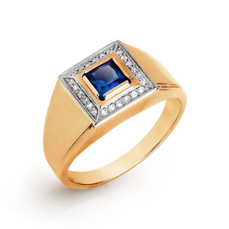 Мужское золотое кольцо с сапфиром ГТ и бриллиантом