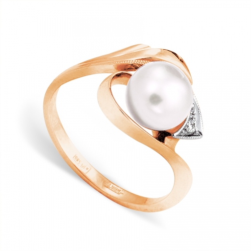 Золотое кольцо с белым жемчугом, бриллиантом