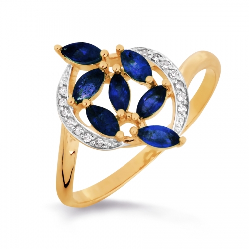 Золотое кольцо Листья с сапфирами, бриллиантами