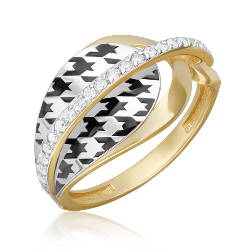 Кольцо из комбинированного золота с эмалью и фианитом