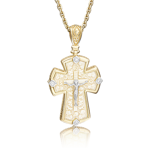 Крестик из комбинированного золота с бивнем мамонта и фианитом
