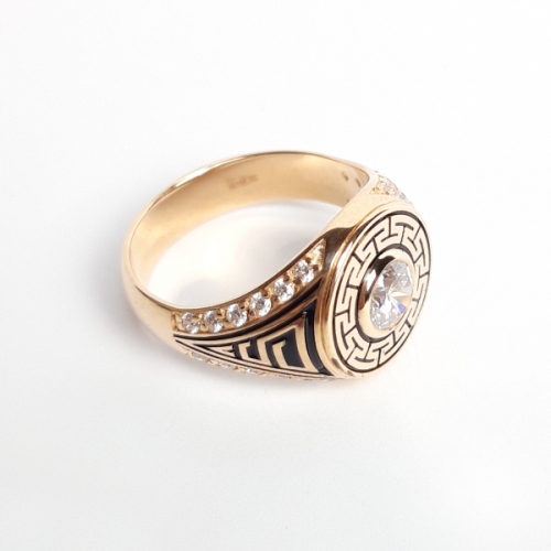 Кольцо-печатка из золота с фианитами и эмалью