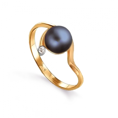 Т148011609 золотое кольцо с черным жемчугом и фианитами
