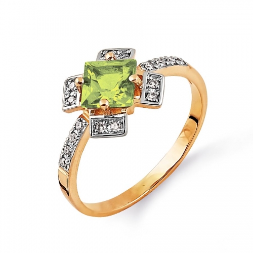 Золотое кольцо с хризолитом, бриллиантами