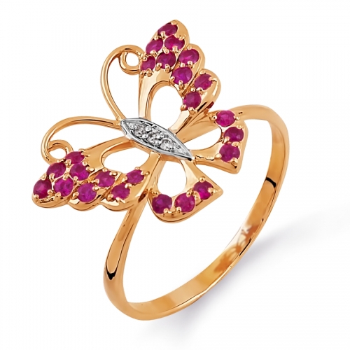 Золотое кольцо Бабочка с рубинами, бриллиантами