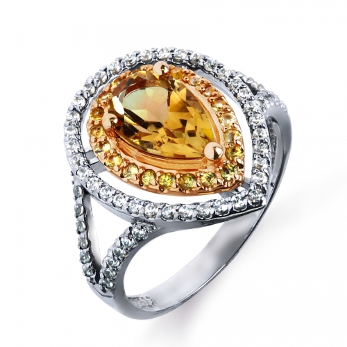 Кольцо из белого золота с сапфирами, цитрином, бриллиантами