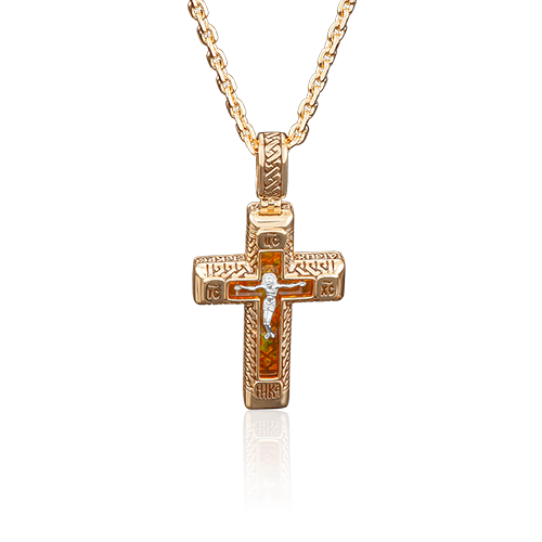 Крестик из комбинированного золота с янтарем