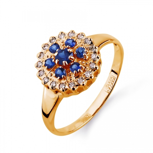 Золотое кольцо Цветок с сапфирами, бриллиантами