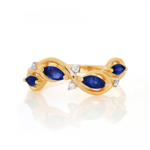 Золотое кольцо Листья с сапфирами, бриллиантами