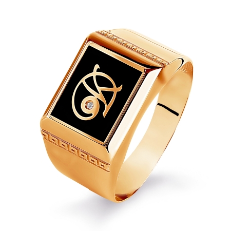 Т152044311 мужское золотое кольцо с эмалью и фианитами