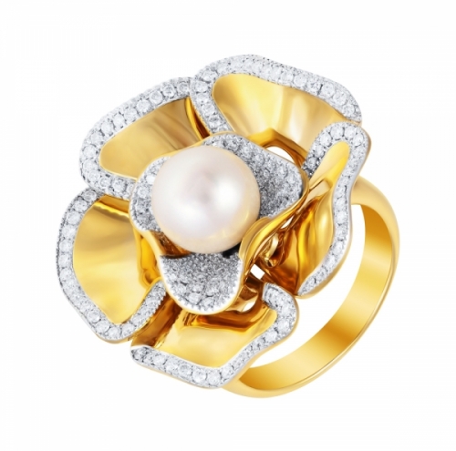 Кольцо из золота с жемчугом и бриллиантами (цветы)
