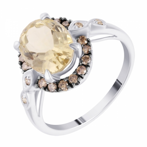 Кольцо из белого золота с кварцем и бриллиантами