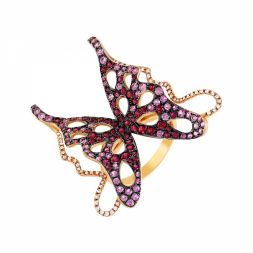 Кольцо из золота с бриллиантами, сапфирами и рубинами (бабочки)