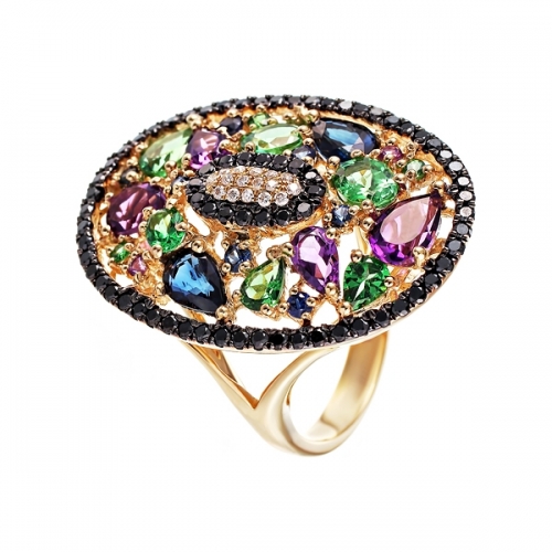 Кольцо из золота с цветными камнями, бриллиантами и сапфирами