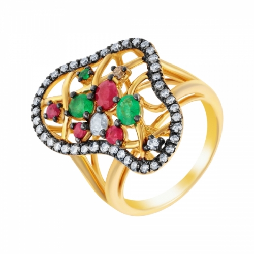 Кольцо из золота с бриллиантами, изумрудами и рубинами