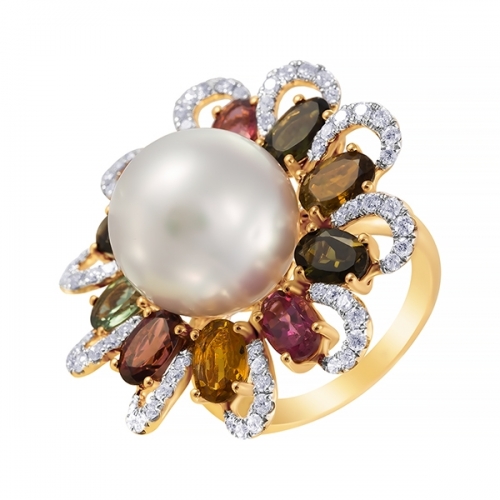 Кольцо из золота с жемчугом к. морским, бриллиантами и турмалинами (цветы)