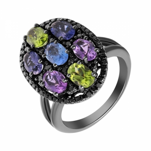 Кольцо из черного золота с цветными камнями, бриллиантами и сапфиром