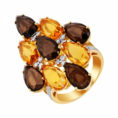 Кольцо из золота с бриллиантами, цитринами и раухтопазами