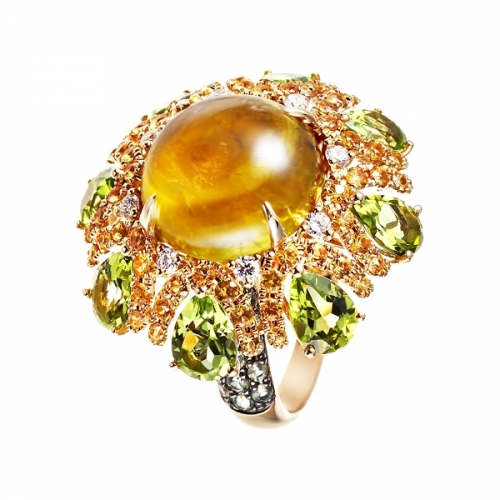 Кольцо из золота с турмалином, бриллиантами, сапфирами и перидотами