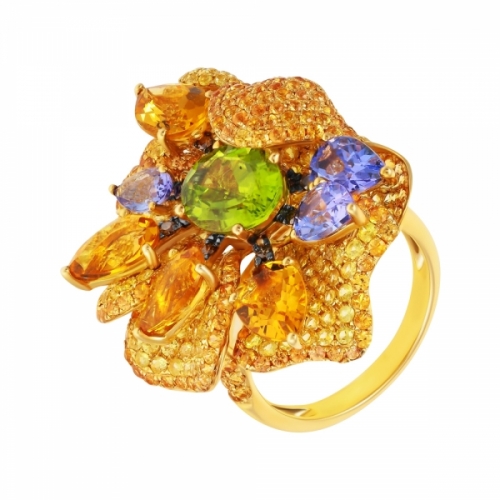Кольцо из золота с перидотом, бриллиантами, сапфирами и цветными камнями